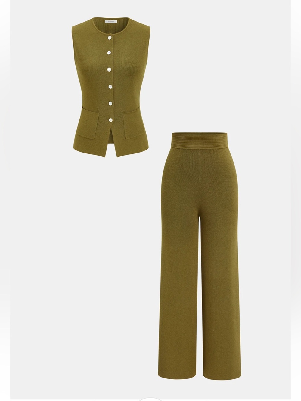 Commense Sleeveless Knit Vest & Wide-Leg Pants Set in Olive XS